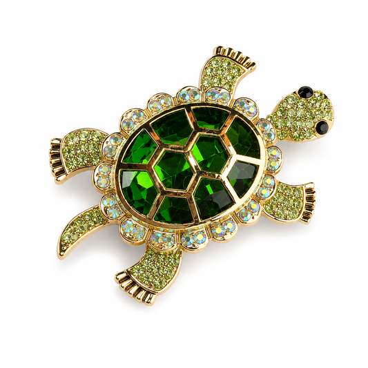 Crystal Turtle Brooch | Chunky Gold Gemstone Animal Pin | Colourful Statement Brooch