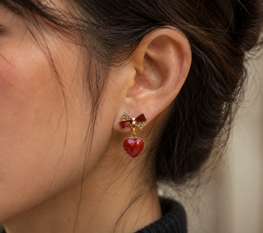 Bow Heart Drop Earrings | Red Enamel Crystal Bow Stud Dangles | Coquette Valentine’s Earrings | Gold-Tone | Romantic Gift for Her