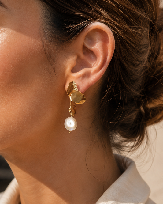 Golden Petal Pearl Drop Earrings | Elegant Statement Earrings