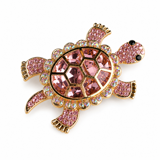 Crystal Turtle Brooch | Chunky Gold Gemstone Animal Pin | Colourful Statement Brooch
