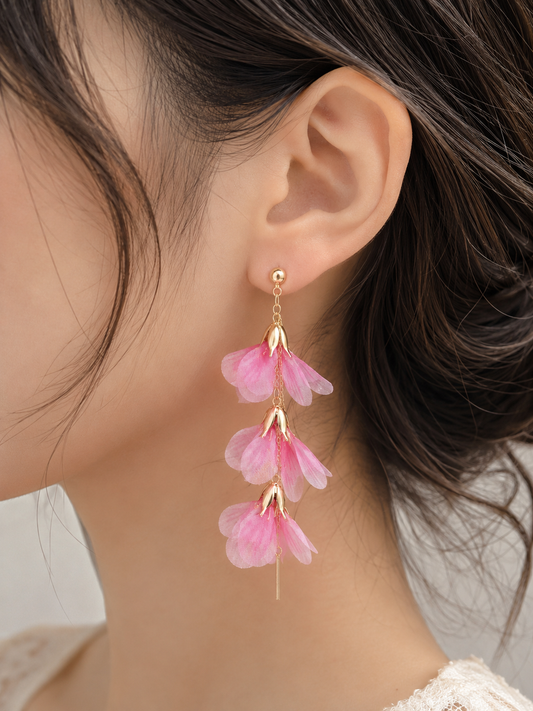 Pink Petal Drop Earrings | Tiered Organza Flower Earrings | Gold Floral Dangle Earrings