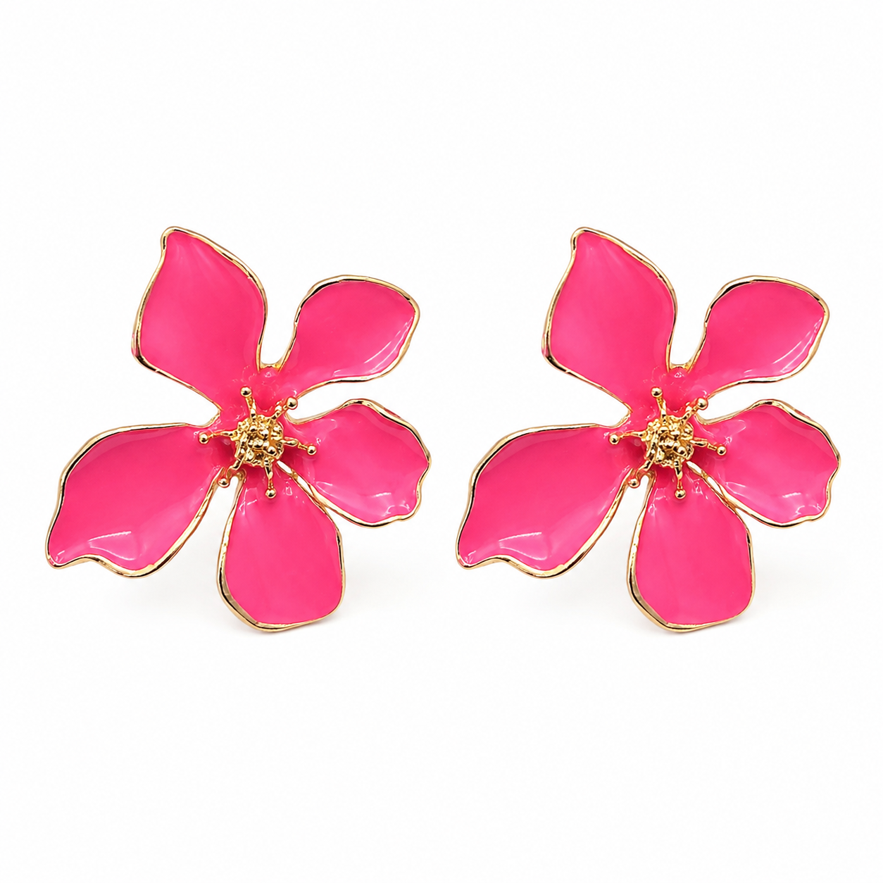 Hot Pink Enamel Flower Stud Earrings | Gold Tone Floral Studs | Statement Earrings for Women