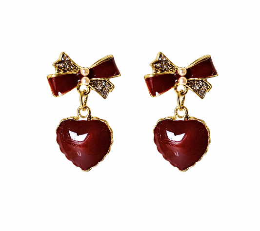 Bow Heart Drop Earrings | Red Enamel Crystal Bow Stud Dangles | Coquette Valentine’s Earrings | Gold-Tone | Romantic Gift for Her