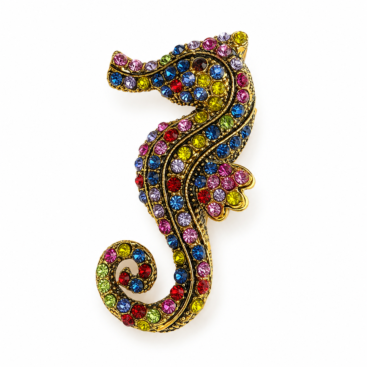 Vintage Crystal Brooch | Chunky Antiqued Gold Statement Pin | Bee Seahorse Flower Brooch