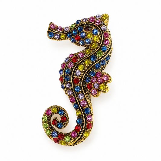 Vintage Crystal Brooch | Chunky Antiqued Gold Statement Pin | Bee Seahorse Flower Brooch