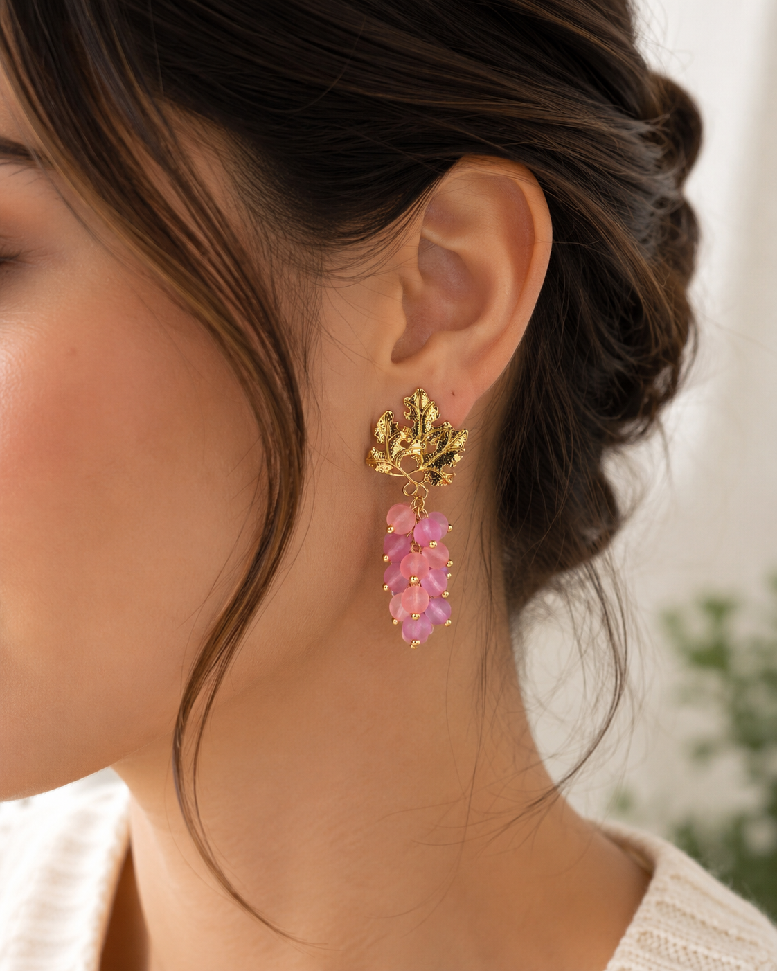 Grape Cluster Drop Earrings | Pink & Lilac Frosted Bead Earrings | Boho Gold Leaf Dangle Earrings