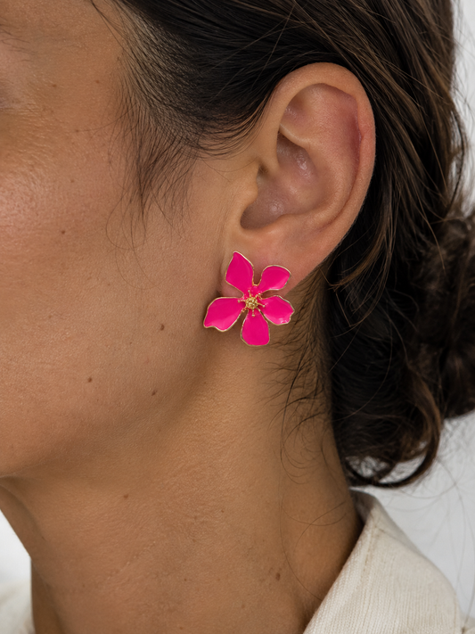 Hot Pink Enamel Flower Stud Earrings | Gold Tone Floral Studs | Statement Earrings for Women