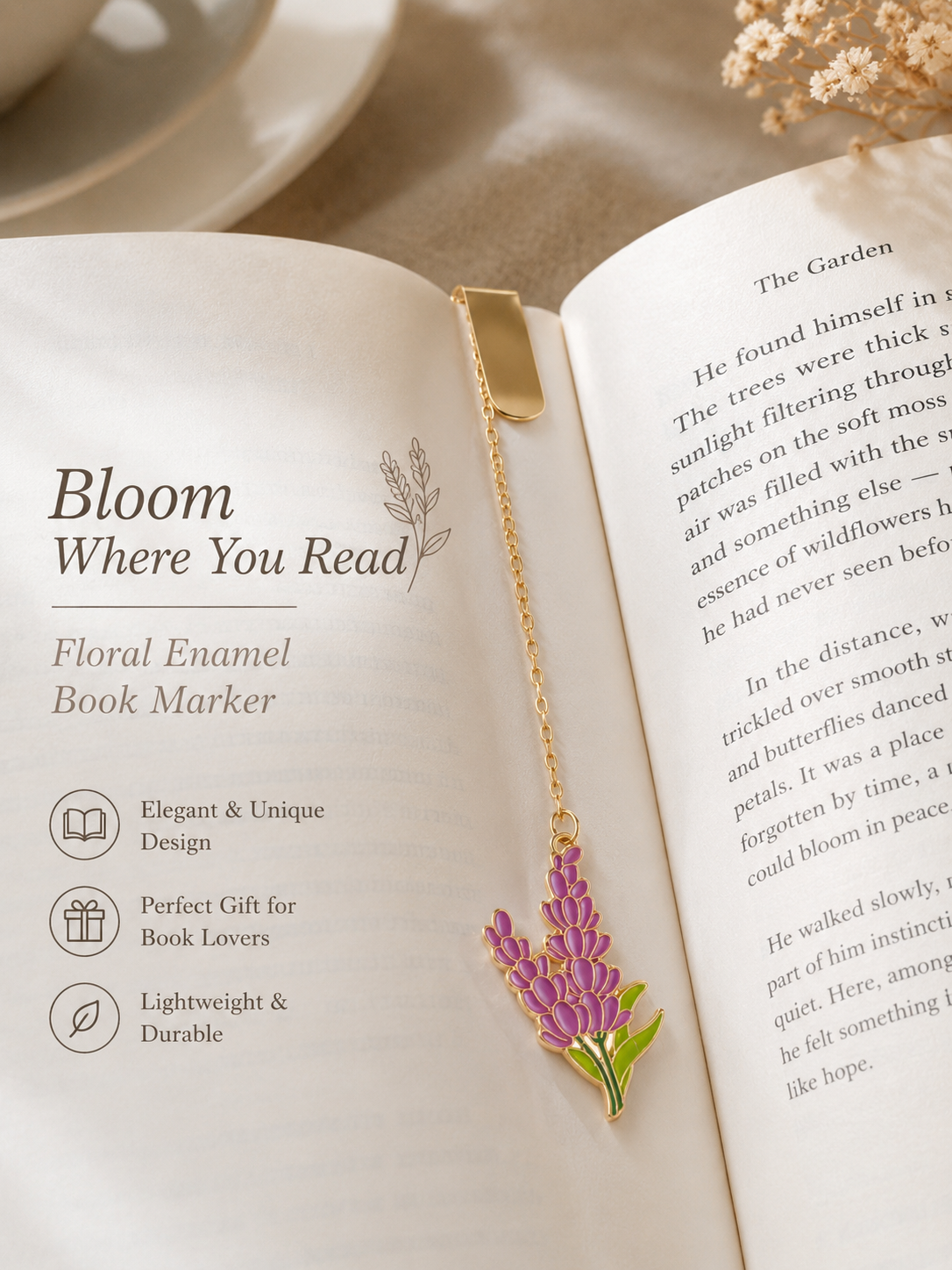 Floral Enamel Bookmark | Gold Charm Book Marker | Bookworm Gift | Flower Clip Bookmark