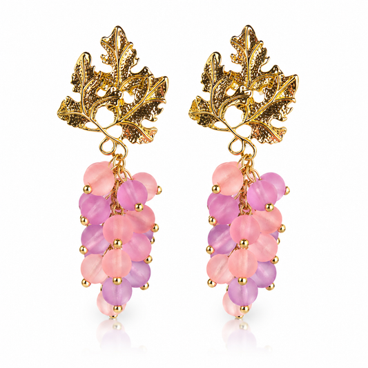 Grape Cluster Drop Earrings | Pink & Lilac Frosted Bead Earrings | Boho Gold Leaf Dangle Earrings