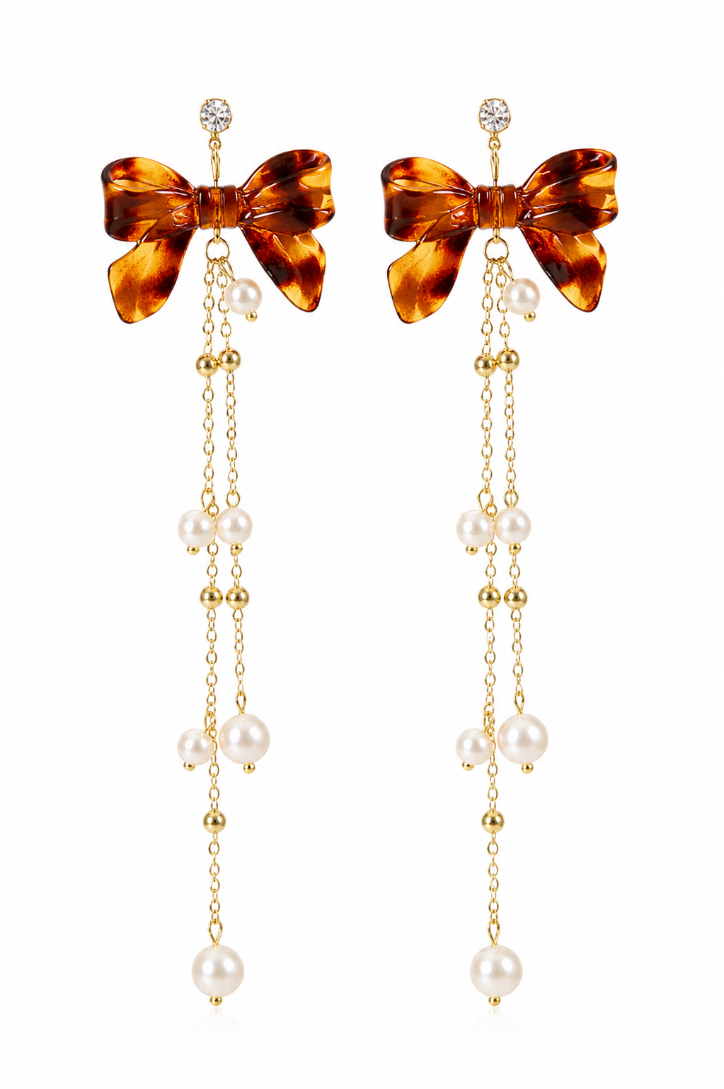 Amber Bow Pearl Drop Earrings – Vintage Gold Statement Earrings
