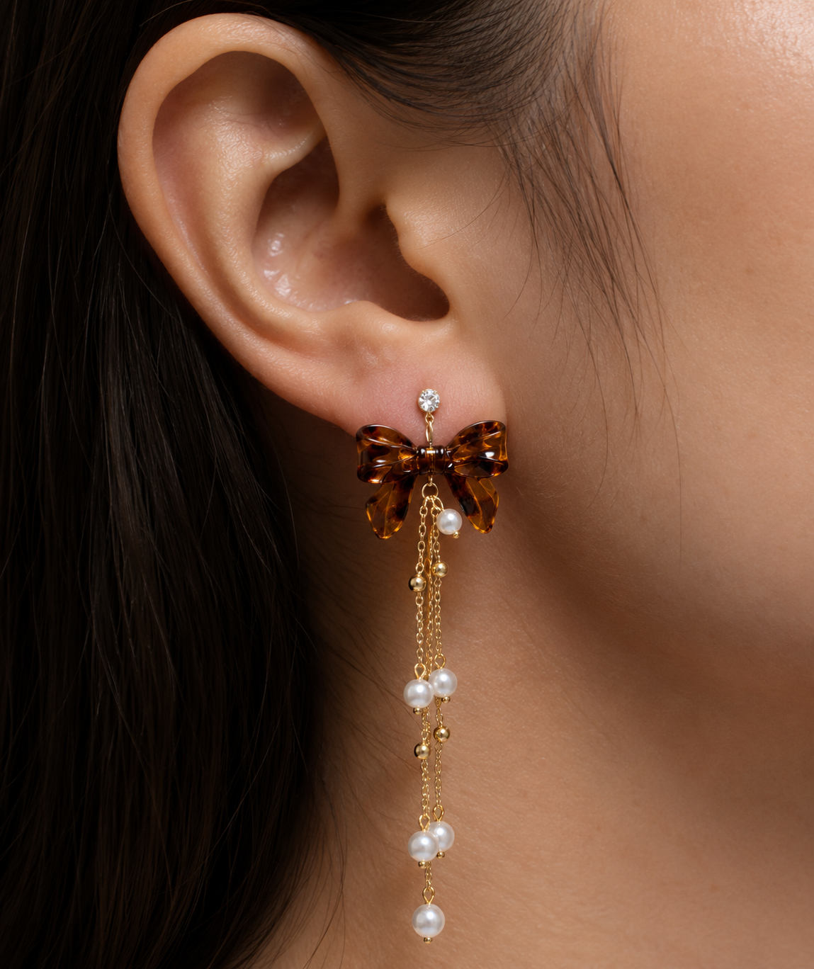 Amber Bow Pearl Drop Earrings – Vintage Gold Statement Earrings