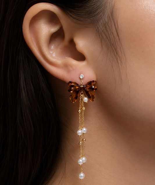 Amber Bow Pearl Drop Earrings – Vintage Gold Statement Earrings