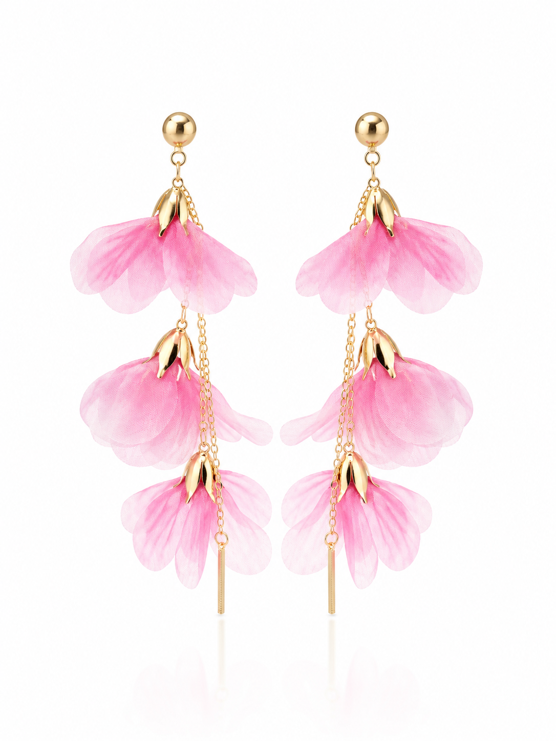 Pink Petal Drop Earrings | Tiered Organza Flower Earrings | Gold Floral Dangle Earrings