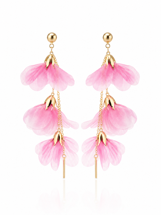 Pink Petal Drop Earrings | Tiered Organza Flower Earrings | Gold Floral Dangle Earrings
