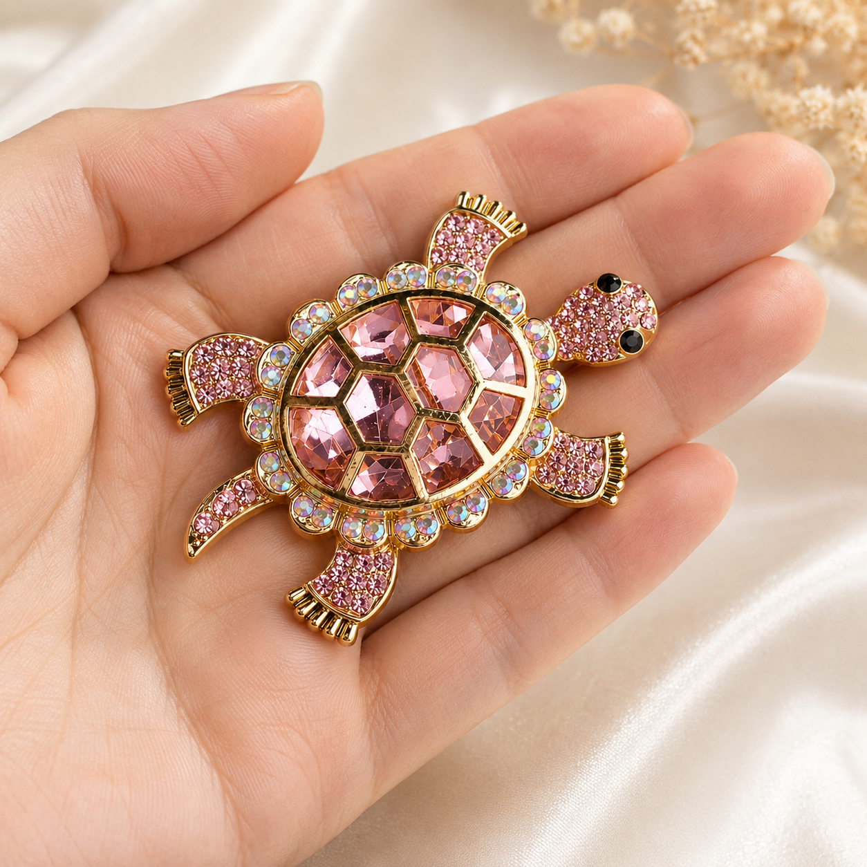 Crystal Turtle Brooch | Chunky Gold Gemstone Animal Pin | Colourful Statement Brooch