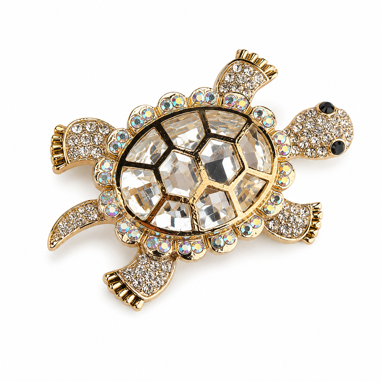 Crystal Turtle Brooch | Chunky Gold Gemstone Animal Pin | Colourful Statement Brooch