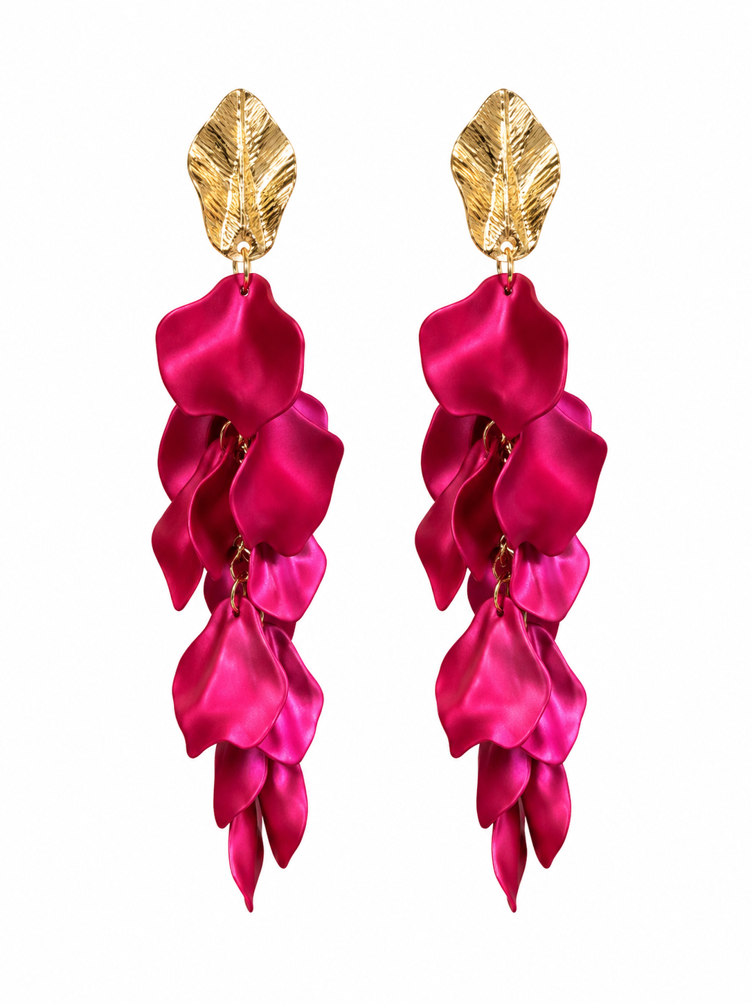 Magenta Flower Petal Drop Earrings | Gold Leaf Statement Earrings