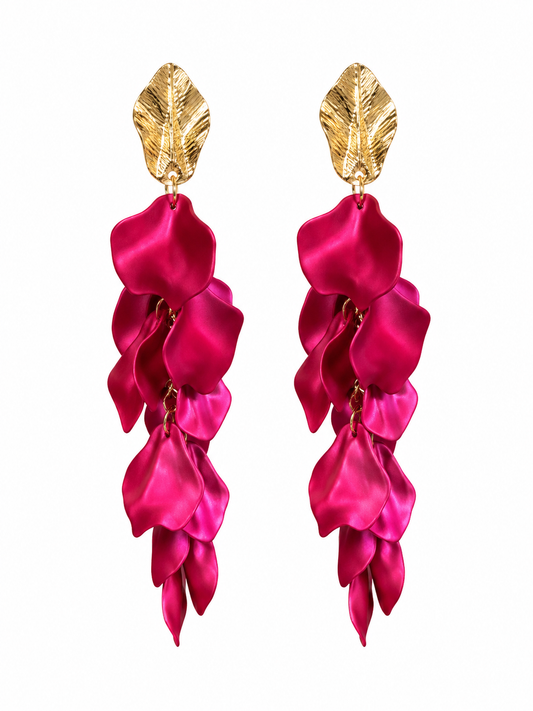 Magenta Flower Petal Drop Earrings | Gold Leaf Statement Earrings