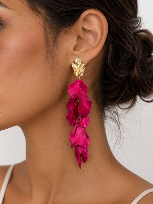 Magenta Flower Petal Drop Earrings | Gold Leaf Statement Earrings