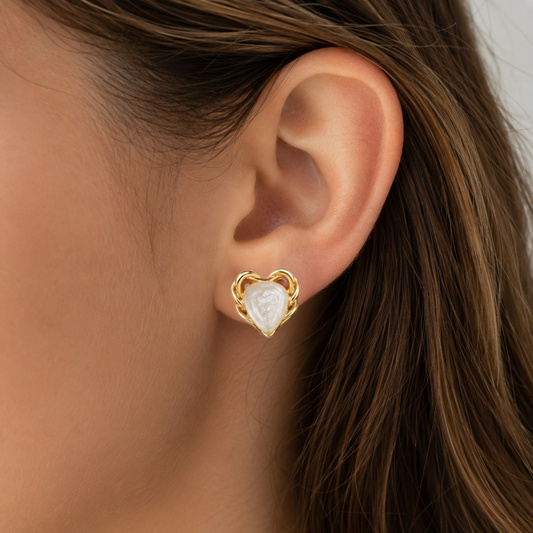 Pearl Heart Stud Earrings | Gold Freshwater Pearl Heart Earrings | Romantic Everyday Studs